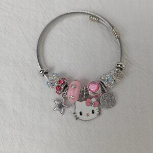 Hello Kitty Charm Pendant Silver & Pink Tone Bangle Bracelet